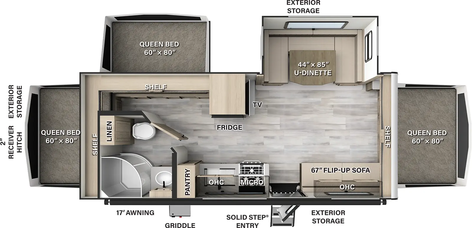 The 233S has one slide out and one entry door. Exterior features a 17 foot awning, solid step entry, griddle, exterior storage on both sides and rear, and 2 inch receiver hitch. Interior layout front to back: front queen tent bed with shelf above; off-door side u-dinette slideout, TV, refrigerator, and queen bed tent with shelf above; door side flip-up sofa, overhead cabinet, entry, microwave, cooktop, sink, overhead cabinet, pantry and full bathroom with linen closet; rear queen tent bed with shelf above.